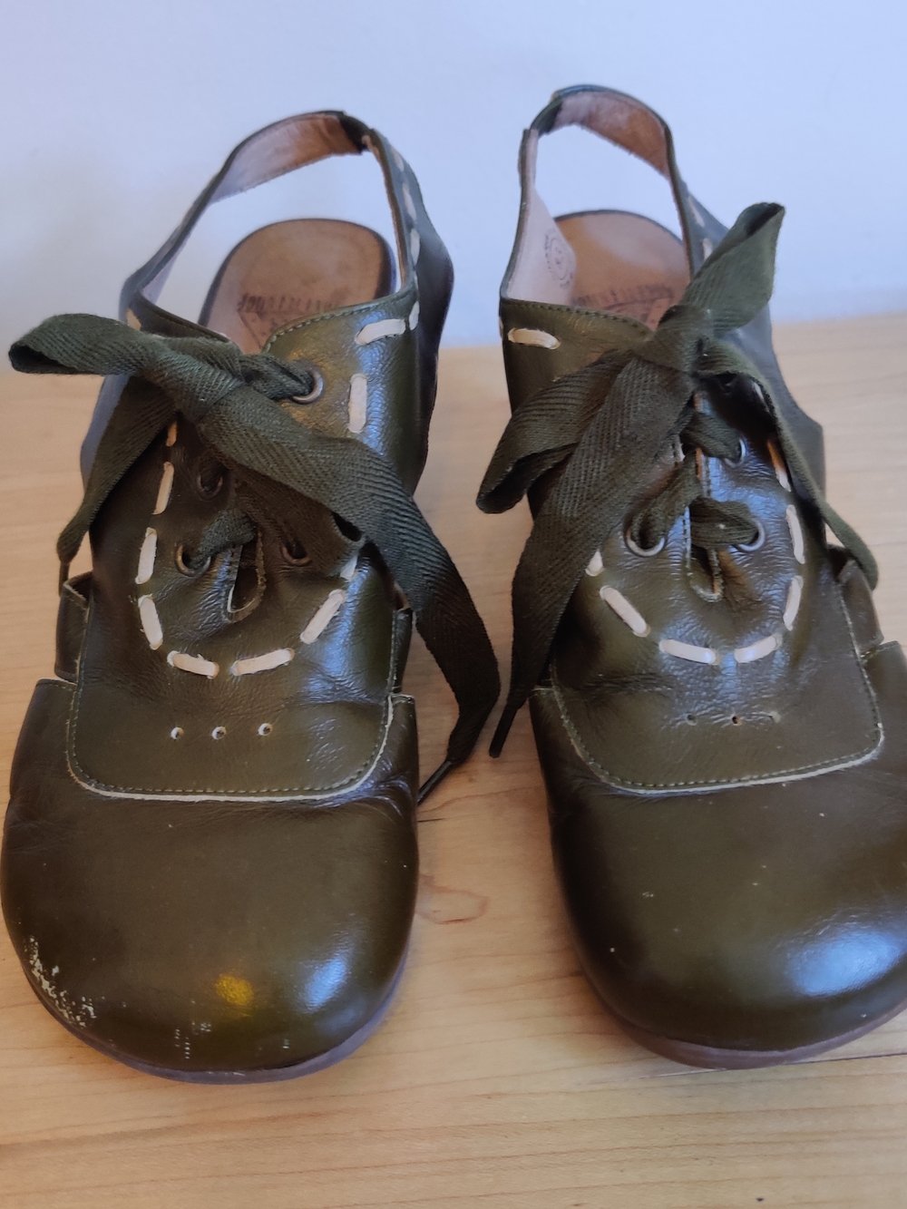 John Fluevog Olive Green Lace-Up Slingback Mules